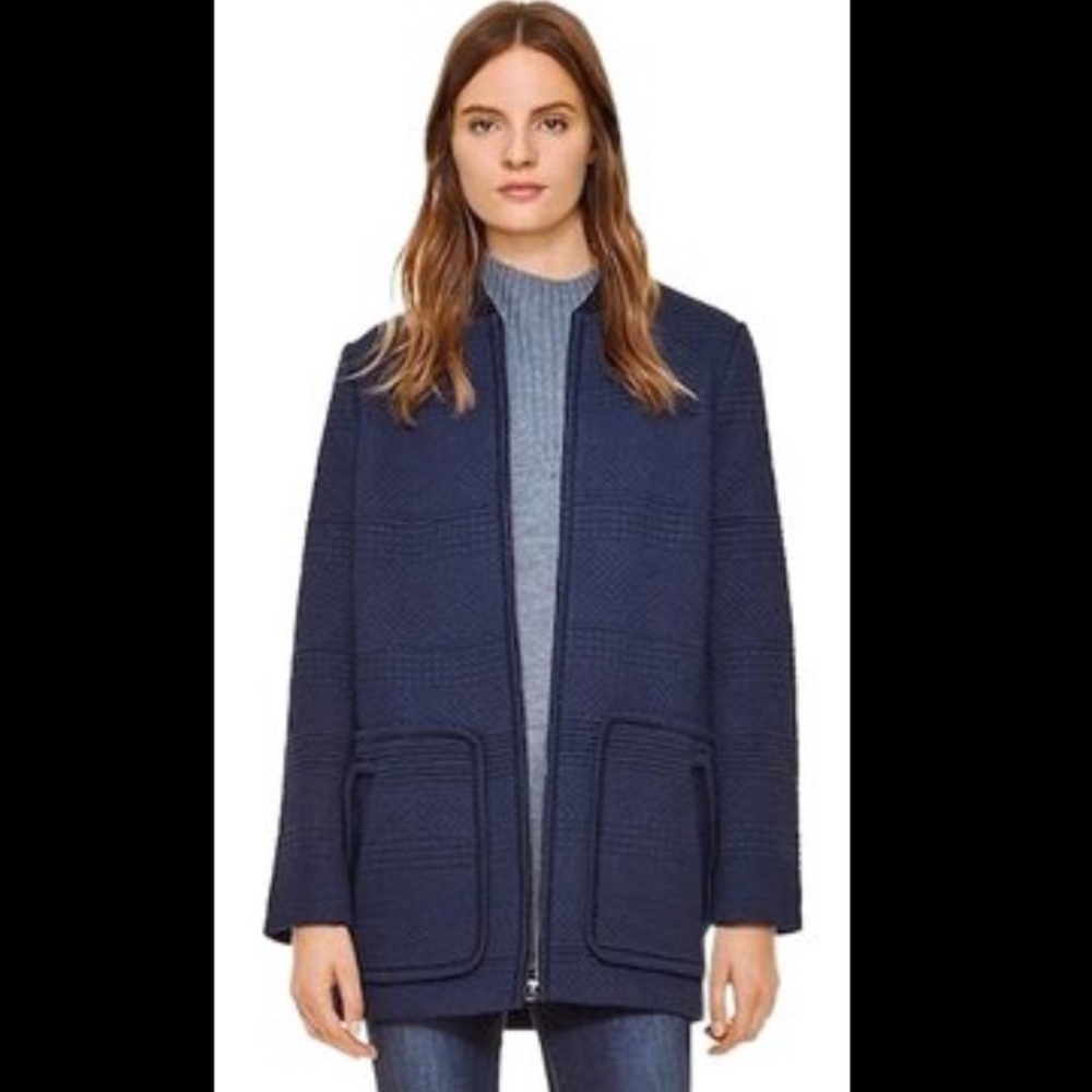 Women’s Tory Burch Navy Blue Ribbed Collar Jacquard Zip Up Jacket Size XS